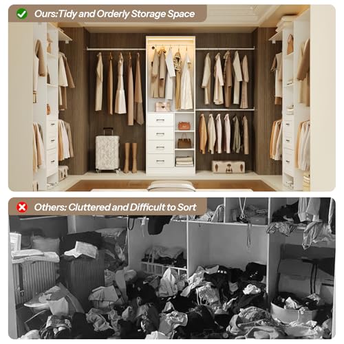 HOOBRO Closet System with 3 Extendable Rods, 9FT Closet Organizer with 4 Drawers, LED Light Strip, Built in Closet Organizer System, Adjustable Cloth Garment Rack from 6 to 9FT for Cloakroom, White