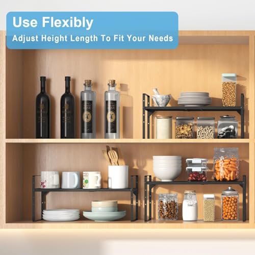Set of 2 Expandable Cabinet Shelf Organizer, Stackable Kitchen Countertop Shelves Spice Racks, Small Metal Storage Shelf For Cupboard Counter Tabletop, 30 LBS Heavy Duty, Adjustable, 13.8" to 21.6" - color: Black, size: 2 Pack:13.8"-21.6"Long