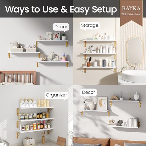 BAYKA Wall Shelves for Bedroom Decor, Floating Shelves for Living Room Kitchen Storage, Wall Mounted Rustic Wood Shelves for Kids Books,Corner Shelves for Bathroom(White and Gold，23in，Set of 3) - color: B. White Board & Gold Brackets, size: 23-inch Standa