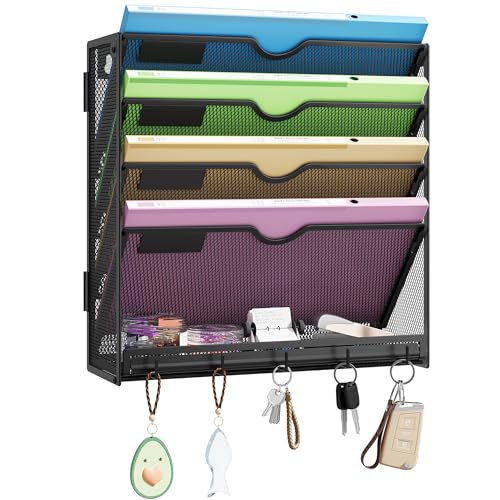 Hanging Wall File Organizer 5-Tier Wall Mount Mail Organizer & Desk Paper Organizer, Sleek Black Metal File Folder Holder for Office, Cubicle (Black-5 Tier) - color: Black-5 Tier