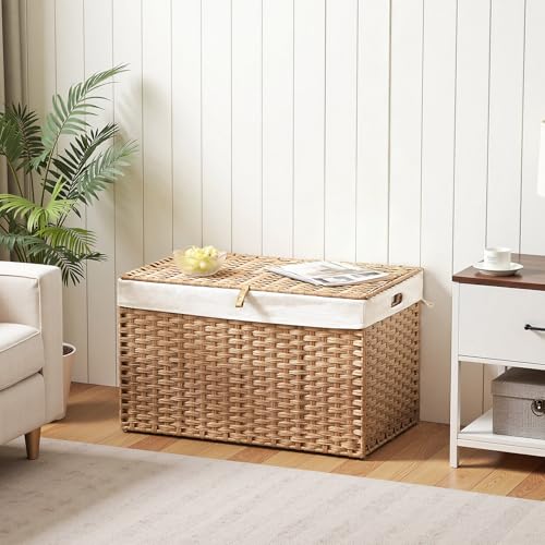 HOOBRO Storage Basket with Lid, 42.3 Gallon (160L) Wicker Basket, Handwoven Blanket Storage Basket with Handles, Metal Frame and Soft Lining, Foldable for Bedroom, Laundry Room, Natural NL216CW01 - color: Natural, size: 29.9"L x 17.7"W x 18.1"H