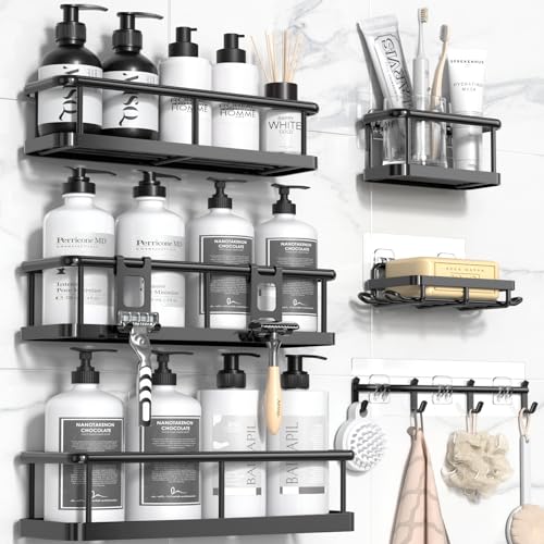 YASONIC Shower Caddy Adhesive, Rustproof Shower Shelves for Inside shower, No Drilling Bathroom Organizers and Storage, 6 Pack Large Capacity Bathroom Caddy for Kitchen & Home Decor-XXL Size - color: Black, size: XXL