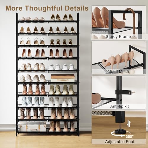 10 Tier Metal Shoe Rack, Tall Shoe Organizer Holds 40-50 Pairs, with Adjustable Flat or Angled Shelves, Shoe Storage Shelf for Closet, Entryway, Garage, Black - size: 10-Tier