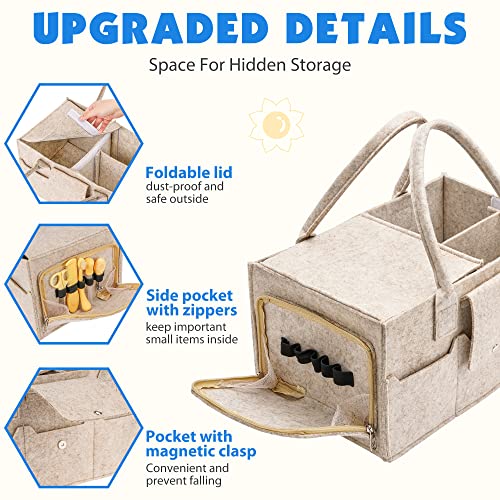 Maliton Baby Diaper Caddy Organizer with Handles, Felt Caddy for Changing Table, Newborn Essentials Bin with Lid - color: Khaki with lid, size: Large