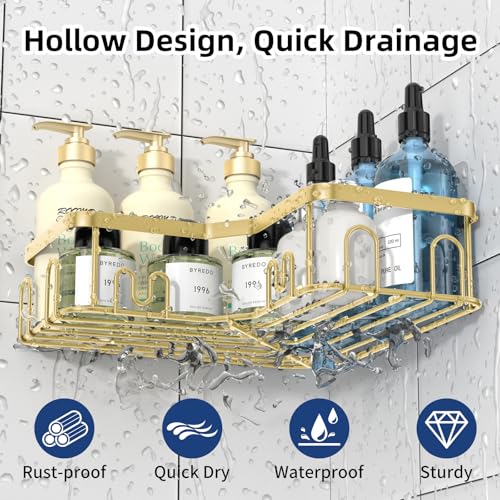 Menbyci 3 Pack Corner Shower Caddy, Adhesive Bathroom Shelves with 18 Hooks, Drill-Free & Quick-Dry Shower Organizer with Large Capacity, Rustproof Stainless Steel Bathroom Corner Storage Rack, Gold - color: Gold, size: 3 packs