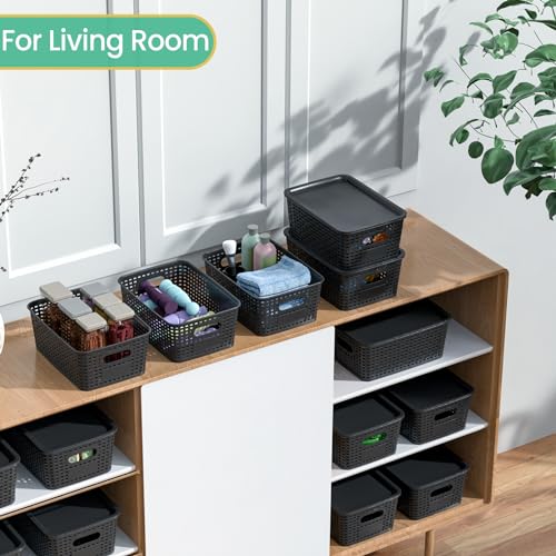 Plastic Storage Baskets with Lid-Plastic Storage Containers Stackable Storage bins: Storage Baskets for Organizing Shelves Drawers Desktop Closet Playroom Classroom Office, 8Pack-Black10.2x7.2x4.1Inch - color: Black