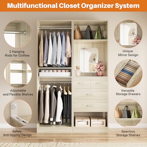Unikito 50” Closet System with 4 Drawers, 4.2FT Wood Closet Organizer with Hanging Rod and Mirror, Reversible Small Walk in Closets Wardrobe, Adjustable Sturdy Clothes Garment Rack, White Oak - color: White Oak, size: 50 Inch