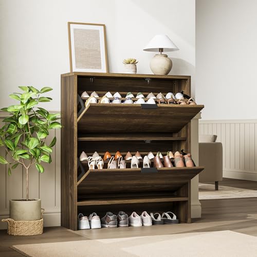 Garvee Shoe Storage Cabinet for Entryway, Fluted Shoe Cabinet with 2 Flip Drawers Doors, 32" Wide Hidden Shoe Rack Tall Freestanding Shoe Organizer for Entrance, Hallway, Living Room, Walnut - color: Walnut, size: 2 Drawers