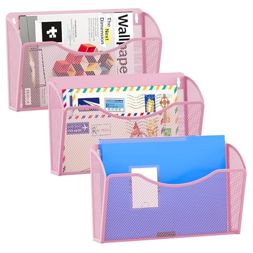 EasyPAG 3 Pack Wall File Organizer, Metal Mesh Hanging File Folder Holder for Letter/A4 Size Folders, Vertical Wall Mount Mail Sorter for Office Paperwork, Classroom, Pink - color: Pink