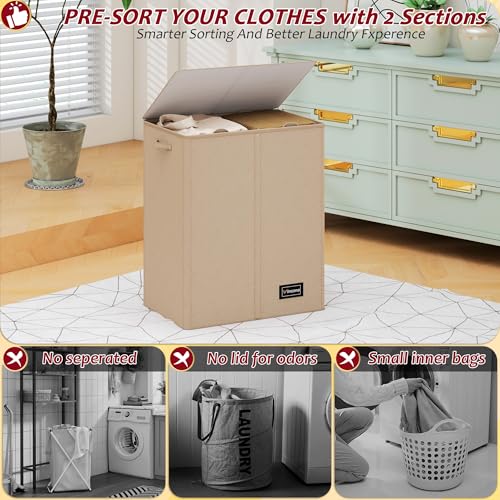 150L Laundry Hamper 2 Section, Large Laundry Hamper with Lid, Dirty Clothes Hamper with 2 Removable Inner Bags, Collapsible Laundry Basket Organizer for for Clothes Toys Towels, Hamper 2 Compartment - color: Oatmeal, size: 150L