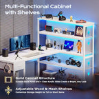 PRAISUN 57 Inch L Shaped Gaming Computer Desk with Larger Open Cabinet, Reverisble Office Desk with Power Outlets, LED Lights, Work Desk, Fabric Drawer, Adjustable Wood and Mesh Shelf, White - color: White