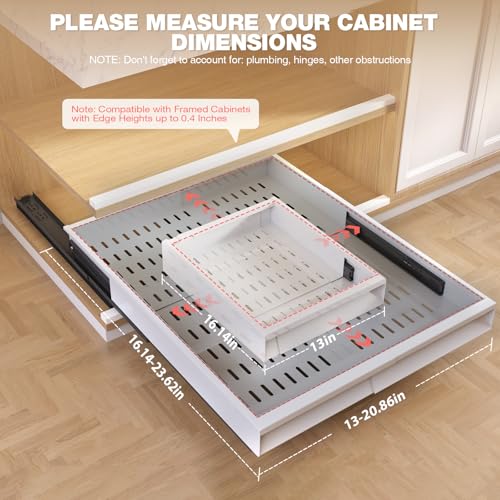 Seinloes 4 Pack Pull Out Cabinet Organizer With Raising Pad for Framed Cabinets,Expandable Width (13"-21") and Depth (17"-24"),3 Slide Rails Slide Out Drawers with Handle,No-Drill Roll Out Shelf,White - color: White, size: 13"-21"W x 17"-24"D(4Pack)