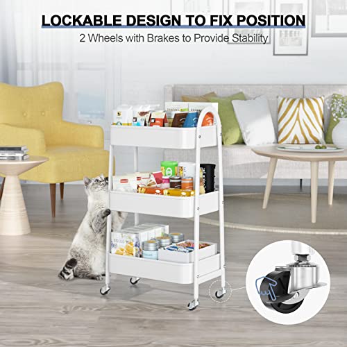 EAGMAK 3 Tier Utility Rolling Cart, Metal Storage Cart with Handle and Lockable Wheels, Multifunctional Storage Organizer Trolley with Mesh Baskets for Kitchen, Living Room, Office, Garage (White) - color: White, size: Normal