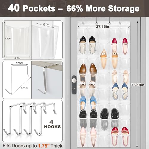 Over the Door Shoe Organizer with 40 Clear PVC Pockets – Waterproof Hanging Shoe Holder for Closet & Bathroom – Space-Saving Door Shoe Rack for Shoes, Toys, Toiletries & Snacks (White) - color: White