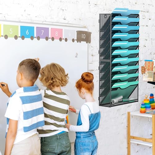 Gawerk 11-Tier Wall File Organizer Hanging Wall File Holder Wall Mount Paper Folder Organize, Mesh Magazine Document Mail Organizer Wall Organizer for Office School Home, Black - color: Black, size: 11-T