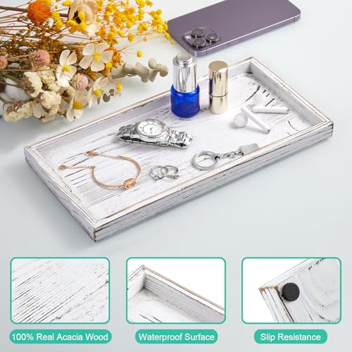 ALELION 11.7" White Bathroom Vanity Tray for Counter - Decorative Tray for Toilet Tank Makeup Perfume Jewelry Catchall Coffee Table - Wooden Kitchen Countertop Organizer for Soap Dispenser - color: Whitewashed, size: 6" x 0.8" x 11.7"