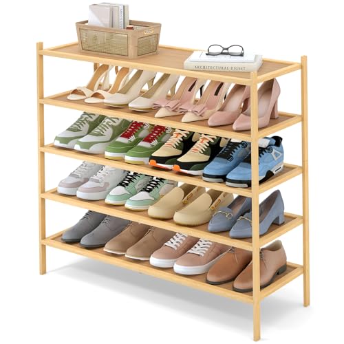 Smiry Bamboo Long Shoe Rack, 5 Tier Shoe Organizer for Entryway & Closet, Stackable Free Standing Storage Shelf for Shoes, Bags & Plants, Natural - color: Natural, size: 5 Tier - Long