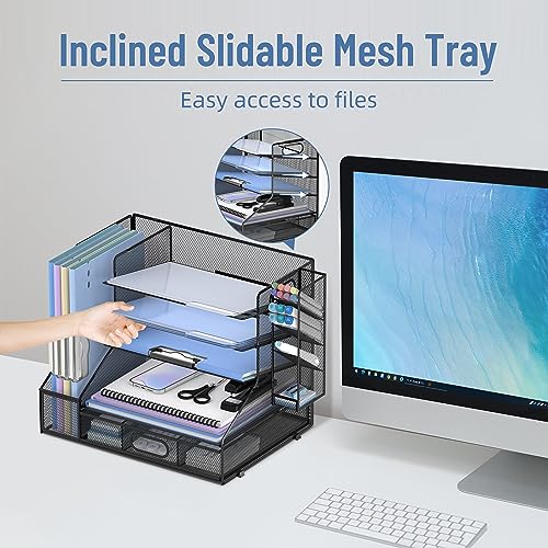 SUPEASY Desk Organizer with File Holder, 5-Tier Mesh Paper Letter Tray and 3 Tilted File Sorter for Office Supplies, Black - color: Industrial Black