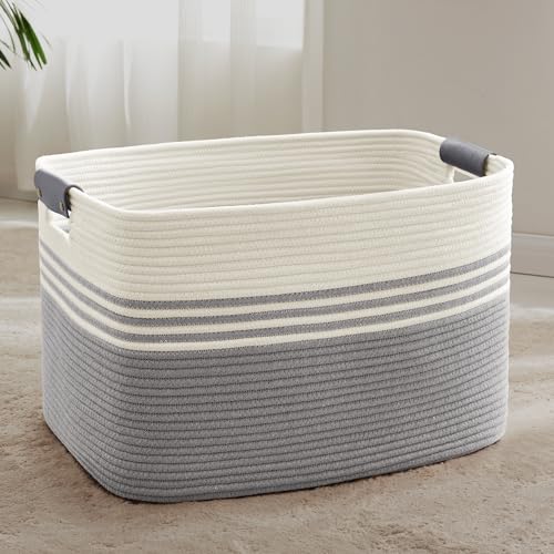 86L Extra Large Laundry Basket with Leather Handles for Living Room Storage, Woven Rope Baskets for Blanket, Kids Toy, Gifts, Wicker Hamper for Bedroom Dirty Clothes, 24"x16"x14" White Grey - color: Grey, size: 86L