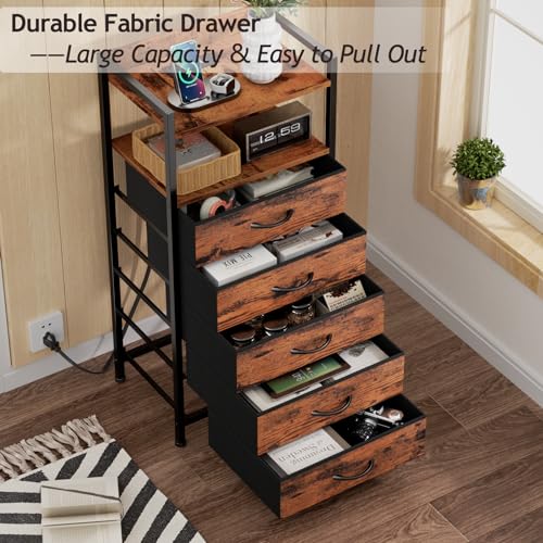 Furnulem 5 Drawer Dresser for Bedroom, Tall Nightstand with Led Light and Charging Station, Small Night Stand Bedside Table, Fabric Bins, Metal Frame, Wood Shelf, Side Furniture(Rustic Brown) - color: Rustic Brown, style: 5 Drawer