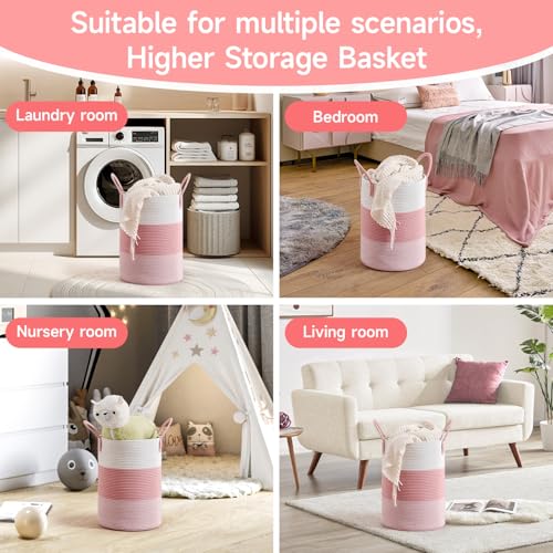 CLHMILY&Z 40L Laundry Basket Round Storage Rope Basket - 13x18 Inches - Pink Hamper in Bedreoom and Cute Storage Bin for Blankets, Toys, and Nursery Essentials - color: Pink & White, size: 40L