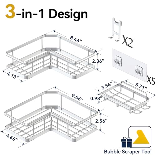 YASONIC Corner Shower Caddy Organizer, Self-Adhesive Rustproof Bath Shelves with Soap Holder & 4 Hooks, Large Capacity Shower Storage Rack for Bathroom Organization, (3Pack, Silver) - color: Silver, size: 3Pack
