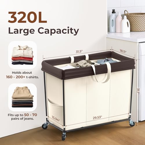 Mefirt 320L Laundry Hamper with Wheels, 3 Section Large Rolling Laundry Basket Bag with Wheels, Clothes Hamper Cart for Laundry, Bedroom, Bathroom and Dorm - color: beige-3 section, size: 320L