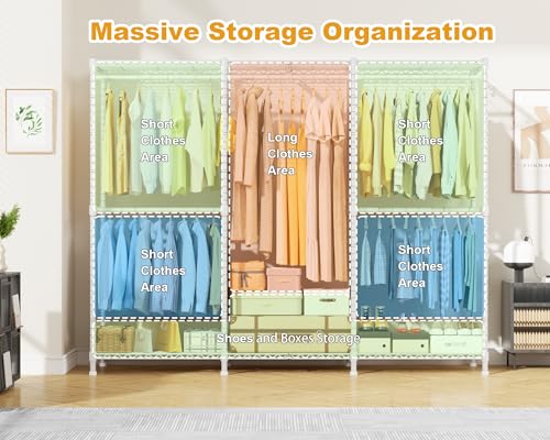 ULIFHOME E14C Pro Heavy Duty Closet Organizer System，Freestanding Clothing Racks for Hanging Clothes，Adjustable Garment Rack 70.1"W × 16.6"D × 76.4"H Hold 960 lbs，White Rack with Grey Dustproof Cover - color: White Rack With Grey Cover