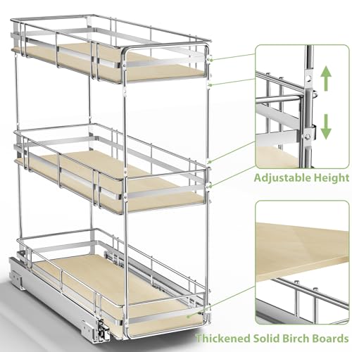ROOMTEC 3-Tier Pull Out Cabinet Organizer Spice Rack for Narrow Cabinet 9" W x 20½" D, Slide Out Wood Shelves Storage for Kitchen - size: 9" W x 20½" D, 3 Tier, Wood Shelves