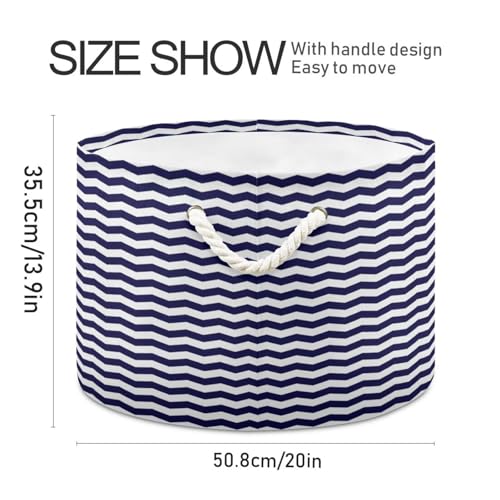 Blue Nautical Anchors Print Round Storage Basket Marine Anchor Waves Stripes 20" x 20" x 14" Laundry Hamper Large Organizer Bin with Handles Clothes Storage Bag for Nursery Bedroom Living Room Decor - color: Blue