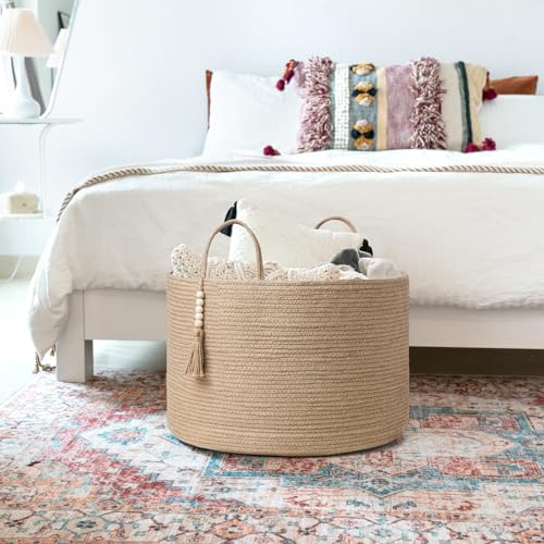 Mkono Extra Large Laundry Basket Woven Storage Baskets for Blankets Toys Clothes Organizer, Decorative Clothes Hamper 21.7" x 13.8" - color: Brown, size: 21.7" W × 13.8"L