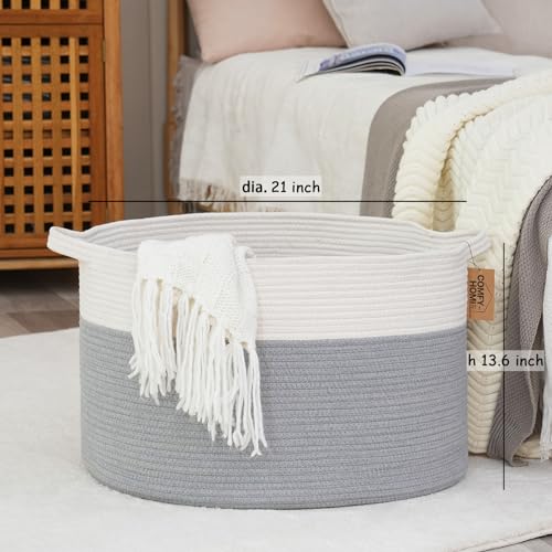 COMFY-HOMI XXXL Large Laundry Basket, Cotton Rope Nursery Woven Basket for Storage, Blanket Baskets Living Room Laundry Hamper, Dog Toy Storage Organizer, Home Decor-21''x21''x13.6''-White/Grey - color: grey