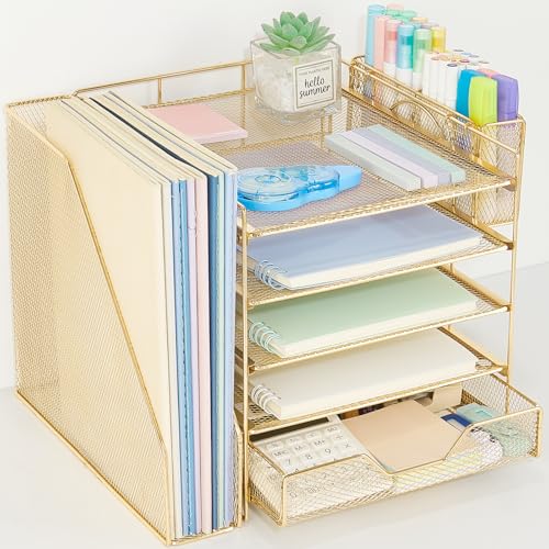 Desk Organizer, 5-Tier Paper Letter Tray Organizer with File Holder, Drawer and Pen Holder, Desktop Organizer for Office Supplies, Gold - color: Gold