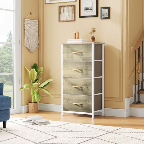 DWVO Dresser with 4 Drawers - Fabric Storage Tower, Organizer Unit for Bedroom, Hallway, Hallway, Closets - Sturdy Steel Frame, Wooden Top & Easy Pull Fabric Bins - color: Oak Greige, style: 4-Drawer