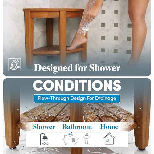 AquaTeak Patented 15.5" Kai Stainless Corner Teak Shower Bench - Shower Stool with Storage Shelf for Bathroom - Water Resistant Shower Chair with Teak Oil & Cleaner CareKit - Shaving Foot Rest - size: Stainless - Care Kit, style: Corner Stool With Shelf