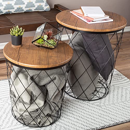 End Tables Set of 2 - Nesting Tables with Removable Wood Tops and Metal Basket Bases for Blanket Storage - Round Side Furniture for Living Room, Bedroom, or Home Office by Lavish Home (Brown) - color: Black Diamond