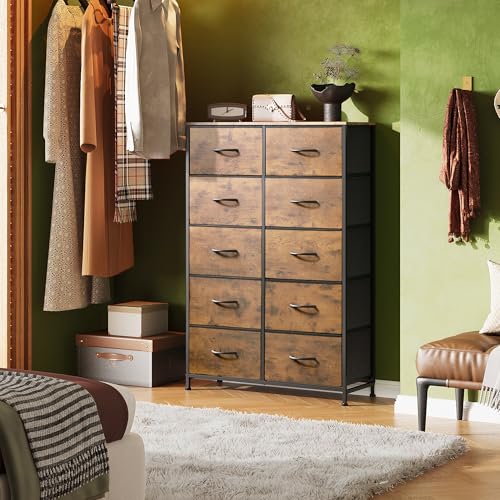 WLIVE Tall Dresser for Bedroom with 10 Drawers, Fabric Dresser for Closet, Storage Tower with Cabinet, Metal Frame, Rustic Brown Wood Grain Print - color: Rustic Brown Wood Grain Print