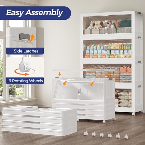 1200QT Extra Large Stackable Storage Bins with Lid, 300Gal Plastic Closet Organizers and Storage Drawer, Collapsible Cabinet Box with Wheels Clear Doors for Home Kitchen Office, 5Pack White - size: 240QT, style: 5Pack
