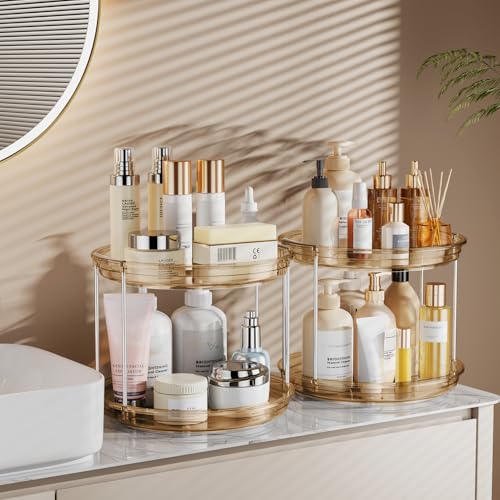 LAMU 2 Pack 2 Tier Lazy Susan Turntable Organizer 9.25'' Rotating Spice Rack Organization for Cabinet, Kitchen, Pantry, Countertop, Bathroom, Vanity, Medicine Cabinet Organizer, Amber - color: Amber, size: 9.25in 2Pack