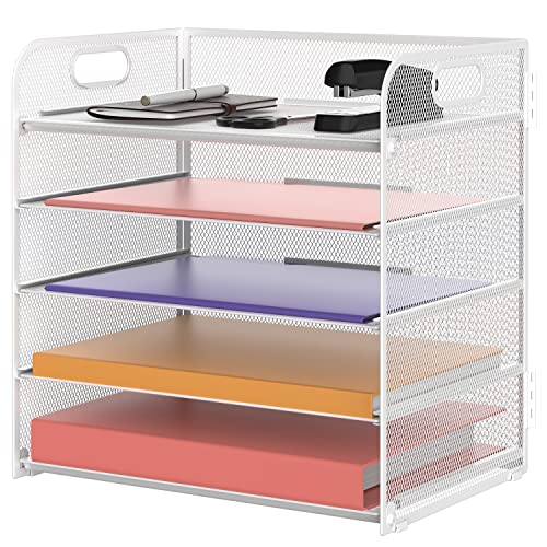 Supeasy 5 Trays Paper Organizer Letter Tray with Handle-Mesh Desk File Holders, Paper Sorter Desk Organizer for Office, Home, Classroom or School, White - color: White