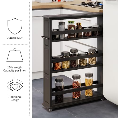 Lavish Home 3-Tier Slim Rolling Storage Cart - 25” x 5.7” Narrow Rolling Cart with Handle and Wheels for Bathroom, Laundry Room, and Kitchen Organization - Pull-Out Home Organizers (Black) - color: Black, size: 25”W x 5.7”D