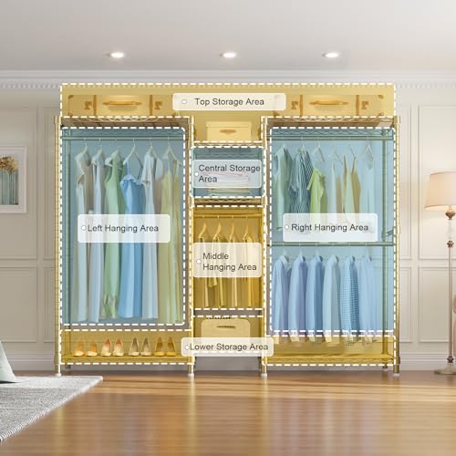 VIPEK Classic V6 Wire Garment Rack Heavy Duty Clothes Rack with 7 Adjustable Shelves & 4 Hanging Rods, Compact DIY Metal Clothing Racks 68.9" L x 15.7" W x 76.4" H, Max Load 840LBS, Gold - color: Gold, size: Classic V6 Standard