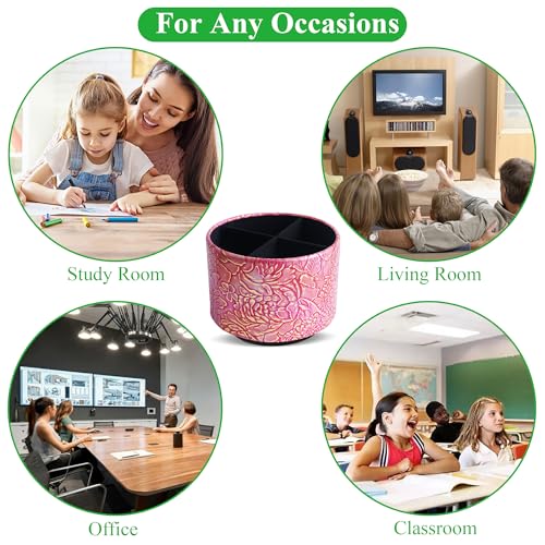 Round Leather Art Supply Organizer,Remote Control Holder,360 Degree Spinning,Multi-Functional Pencil Holder,4 Compartments Desktop Stationary Organizer(1-Rich Flower Pink) - color: 1-Rich Flower Pink