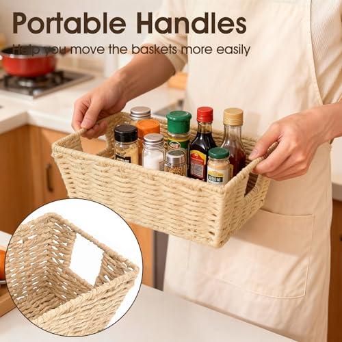 Paper Rope Storage Baskets for Shelves Organizing, Small Hand Woven Wicker Organizer Basket with Handle for Bathroom Toilet Paper Storage, Beige, 3-Pack - color: Paper Rope Beige, size: 3 Pack