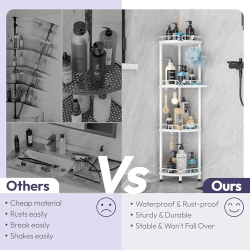 SWTYMIKI Corner Shower Caddy Standing - 4 Tier Stainless Steel Shower Organizer Stand with 4 Hooks & Soap Holder, Rustproof Metal Standing Tall Floor Shower Shelf and Bathroom Organizer, White - color: White-4 tier