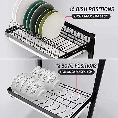 junyuan Hanging Dish Drying Rack Wall Mount,Dish Racks Drainer,3 Tier Kitchen Plate Organizer Storage Shelf with Drain Tray with 3 Hooks,Stainless Steel Black Large Ajustable Height - size: 3tier-Wall Mount