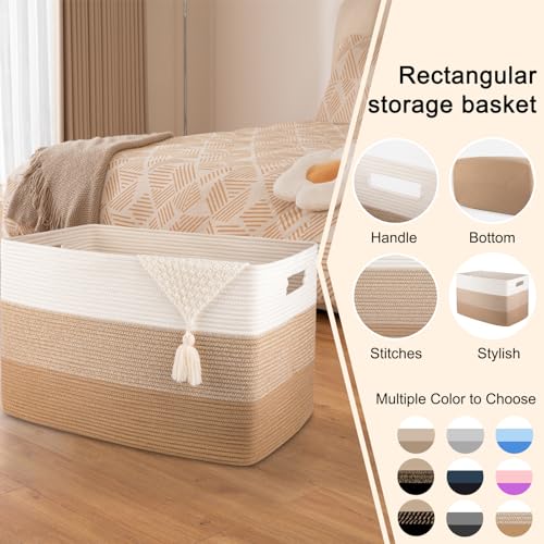 OIAHOMY 108L Super Large Blanket Basket, 25”x16”x16” Rectangle Woven Baskets for Storage, Cotton Rope Basket For Living Room, Toy Storage with Handle- Gradient Light Brown - color: Gradient Light Brown