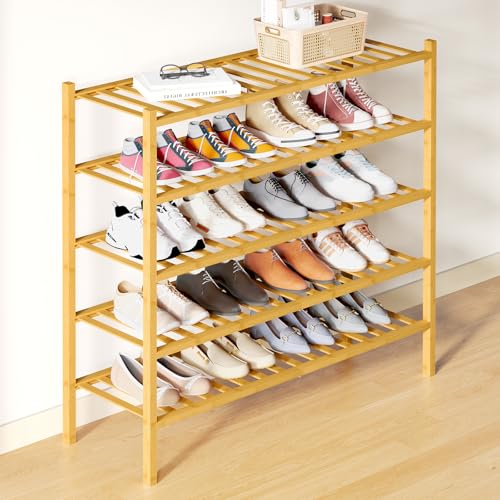 Smiry Bamboo Shoe Rack for Closet, 5 Tier Long Wooden Stackable Shoe Organizer, Free Standing Shoes Storage Shelf for Entryway, Front Door Entrance, Natural - color: Natural, size: 5 Tier - Long