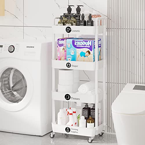 Laiensia 4-Tier Storage Carts,Multifunction Utility Rolling Cart Kitchen Storage Organizer,Mobile Shelving Unit Cart with Lockable Wheels for Bathroom,Laundry,Living Room,With Classified Sticker,White - color: White, size: 4-Tier