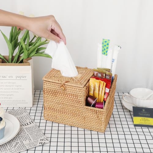 Sumnacon Tissue Box Square Tissue Box Cover with Storage Rattan Tissue Box Holder with 2 Side Organizer,Wicker Tissue Cover Cube Tissue Holder for Bathroom Living Room Table Desk Office - color: Natural
